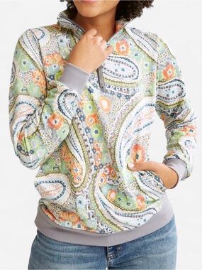 Vera Bradley Orange Gray Floral Citrus Paisley 1/4 Zip Pullover Women’s XS NWOT